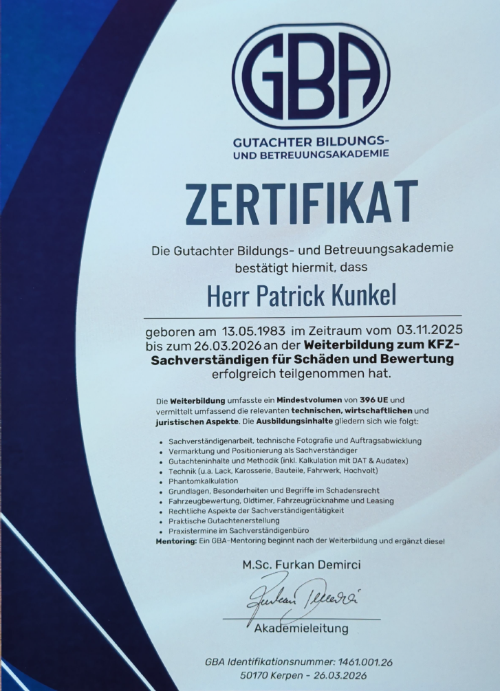 Zertifikat: Kfz-Sachverständiger