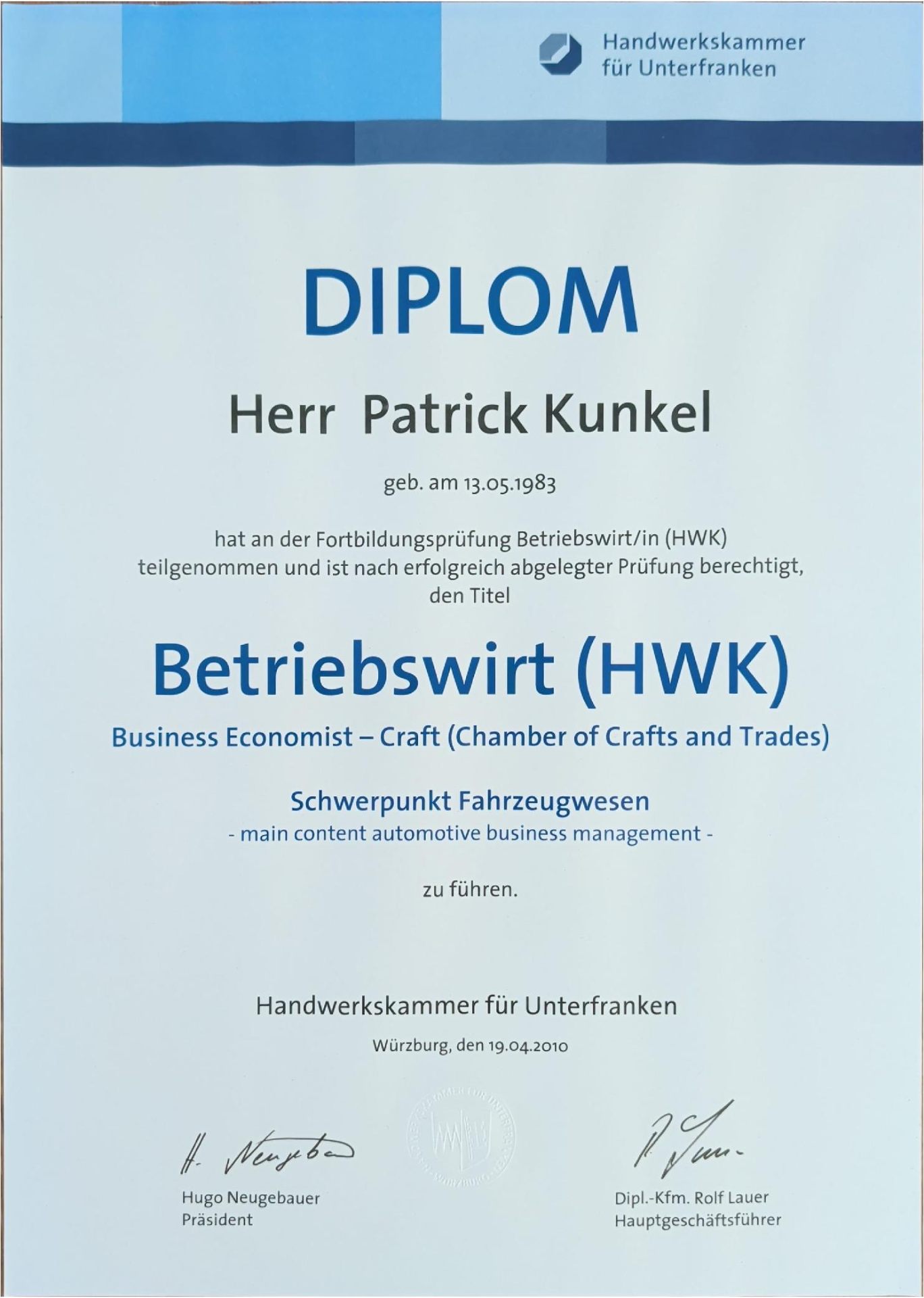 Zertifikat: Betriebswirt (HWK)