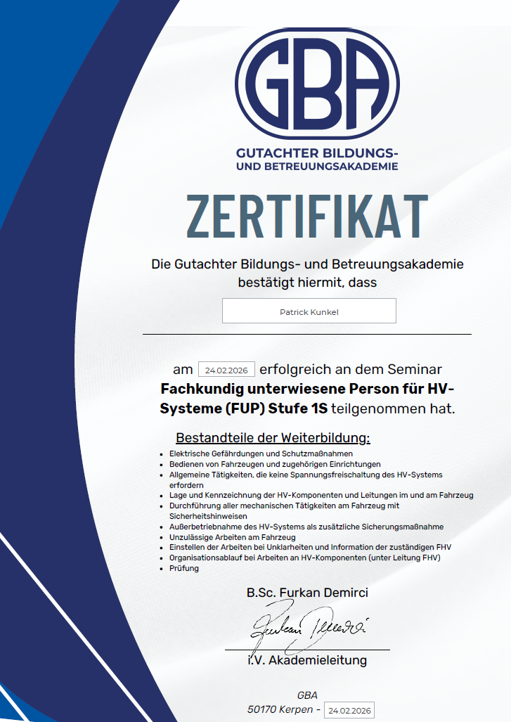 Zertifikat: HV-Systeme Stufe 1S