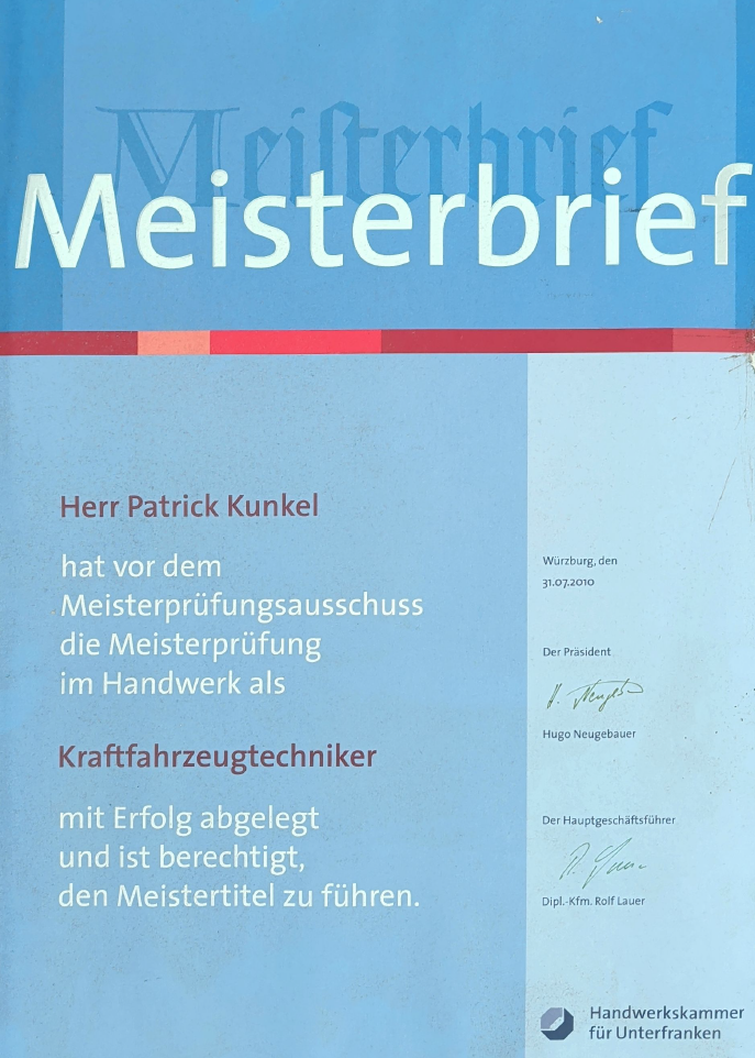 Zertifikat: Kfz-Techniker-Meister